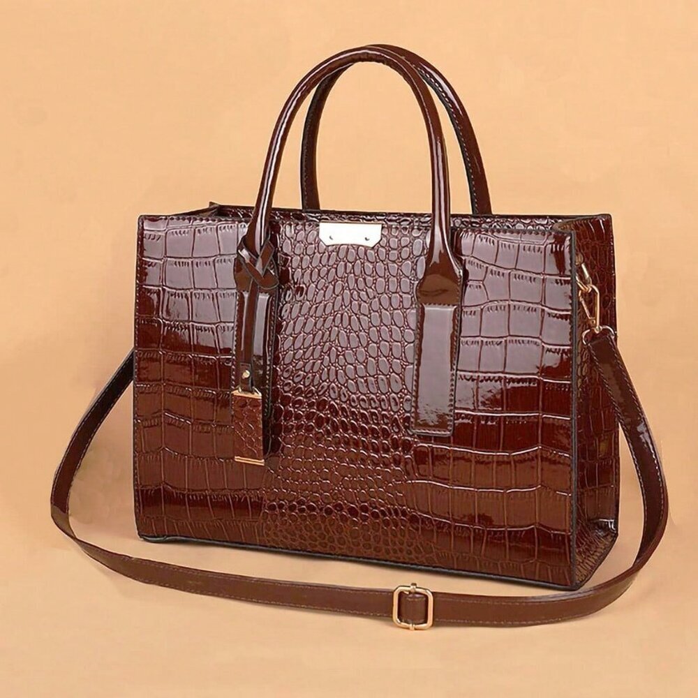 Brown Fashionable Women's Double Handle Crocodile Embossed Polyurethane Bag - Picture 3 of 4